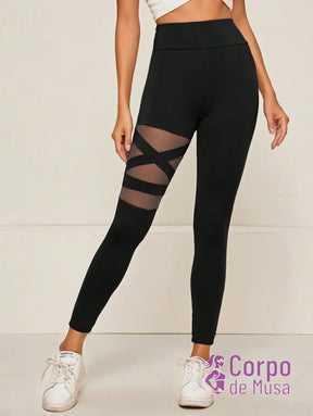 Legging Cintura Alta Com Recortes Em Tela Cruzados Fitness Preto / PP Legging Cintura Alta Com Recortes Em Tela