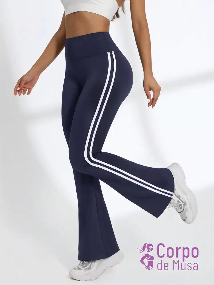 Legging Flare Cintura Alta Com Faixas Laterais Estilo Fitness Azul-marinho / PP Legging Flare Cintura Alta Com Faixas