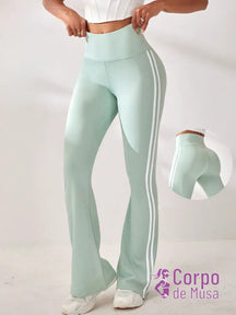 Legging Flare Cintura Alta Com Faixas Laterais Estilo Fitness Verde / PP Legging Flare Cintura Alta Com Faixas Laterais