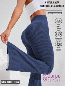 Legging Flare Cintura Alta Textura Canelada Estilo Fitness Azul-marinho / PP Legging Flare Cintura Alta Textura