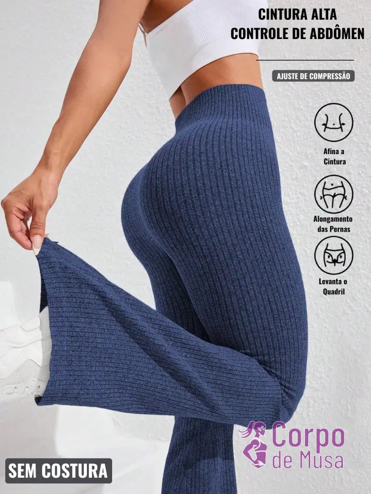 Legging Flare Cintura Alta Textura Canelada Estilo Fitness Azul-marinho / PP Legging Flare Cintura Alta Textura
