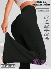 Legging Flare Cintura Alta Textura Canelada Estilo Fitness Preto / PP Legging Flare Cintura Alta Textura Canelada