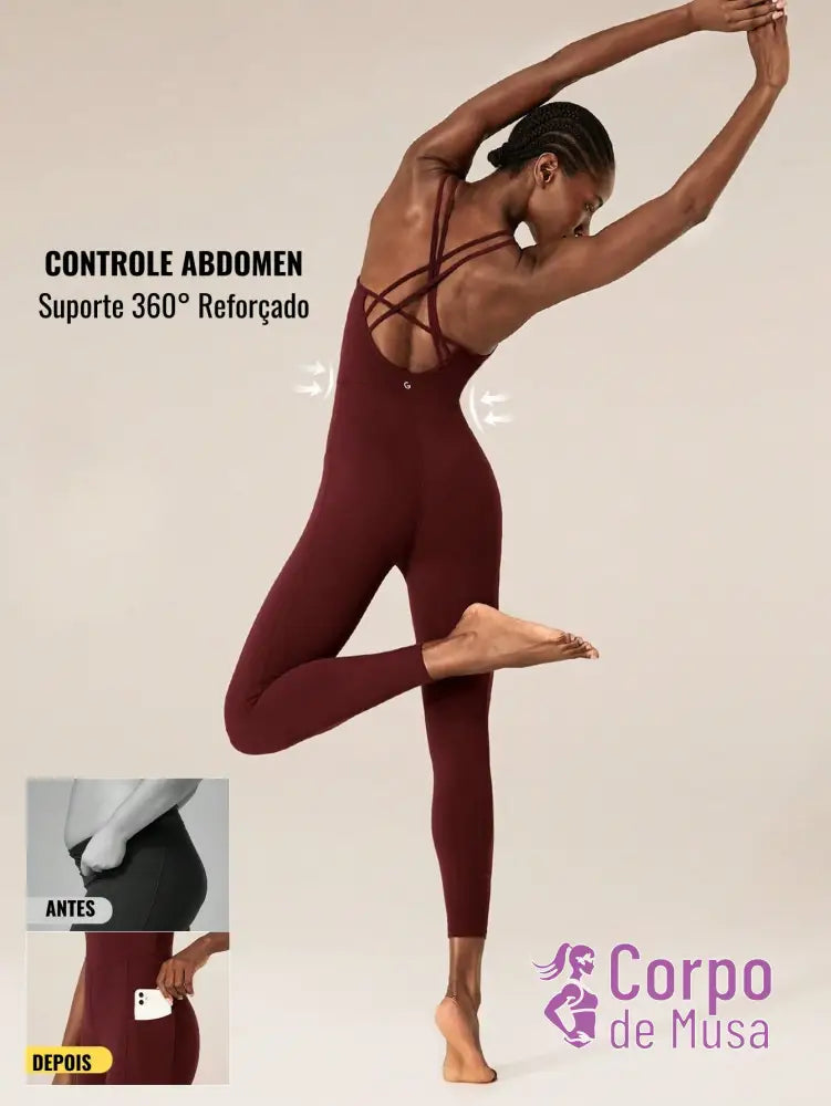 Macacão Alças Finas Costas Cruzadas Estilo Yoga Vinho / PP Macacão Alças Finas Costas Cruzadas Estilo Yoga