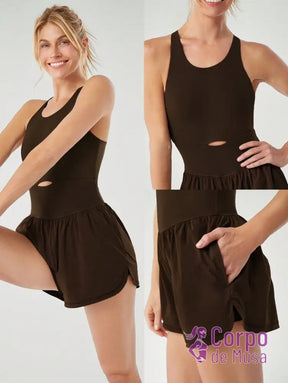 Macacão Shorts Integrado Recorte Frontal Estilo Athleisure Macacão Shorts Integrado Recorte Frontal Estilo Athleisure