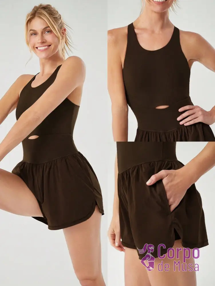 Macacão Shorts Integrado Recorte Frontal Estilo Athleisure Macacão Shorts Integrado Recorte Frontal Estilo Athleisure