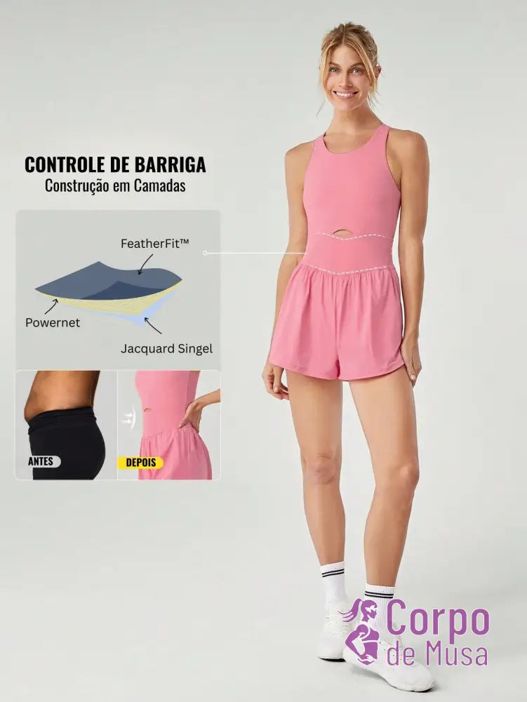 Macacão Shorts Integrado Recorte Frontal Estilo Athleisure Macacão Shorts Integrado Recorte Frontal Estilo Athleisure