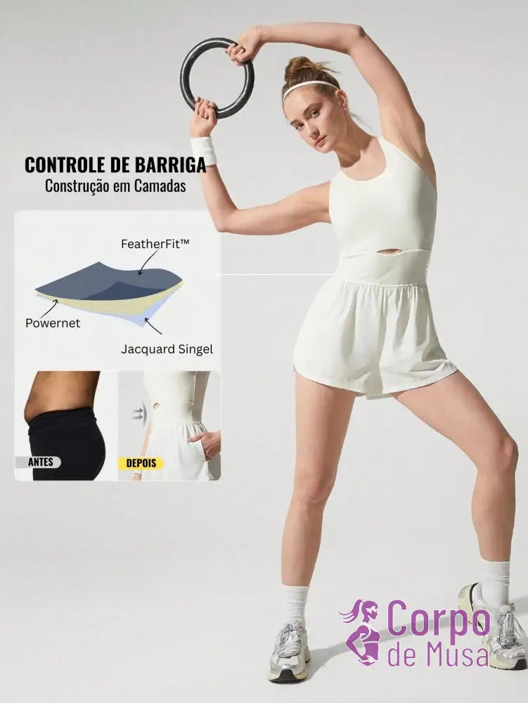 Macacão Shorts Integrado Recorte Frontal Estilo Athleisure Macacão Shorts Integrado Recorte Frontal Estilo Athleisure