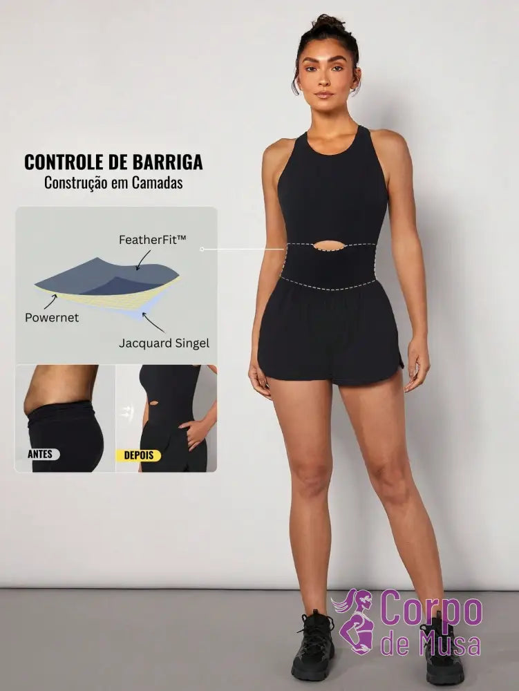 Macacão Shorts Integrado Recorte Frontal Estilo Athleisure Macacão Shorts Integrado Recorte Frontal Estilo Athleisure