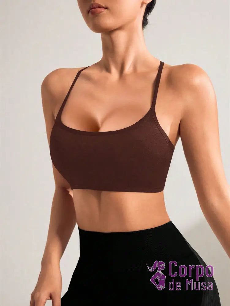 Top Alça Fina Com Costas Vazadas Assimétricas Estilo Training Castanho / PP Top Alça Fina Com Costas Vazadas