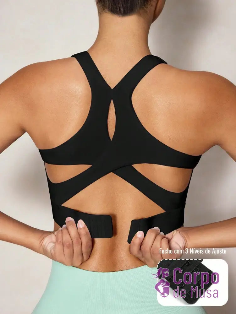 Top Alongado Decote U Com Costas Vazadas Estilo Training Preto / PP Top Alongado Decote U Com Costas Vazadas Estilo