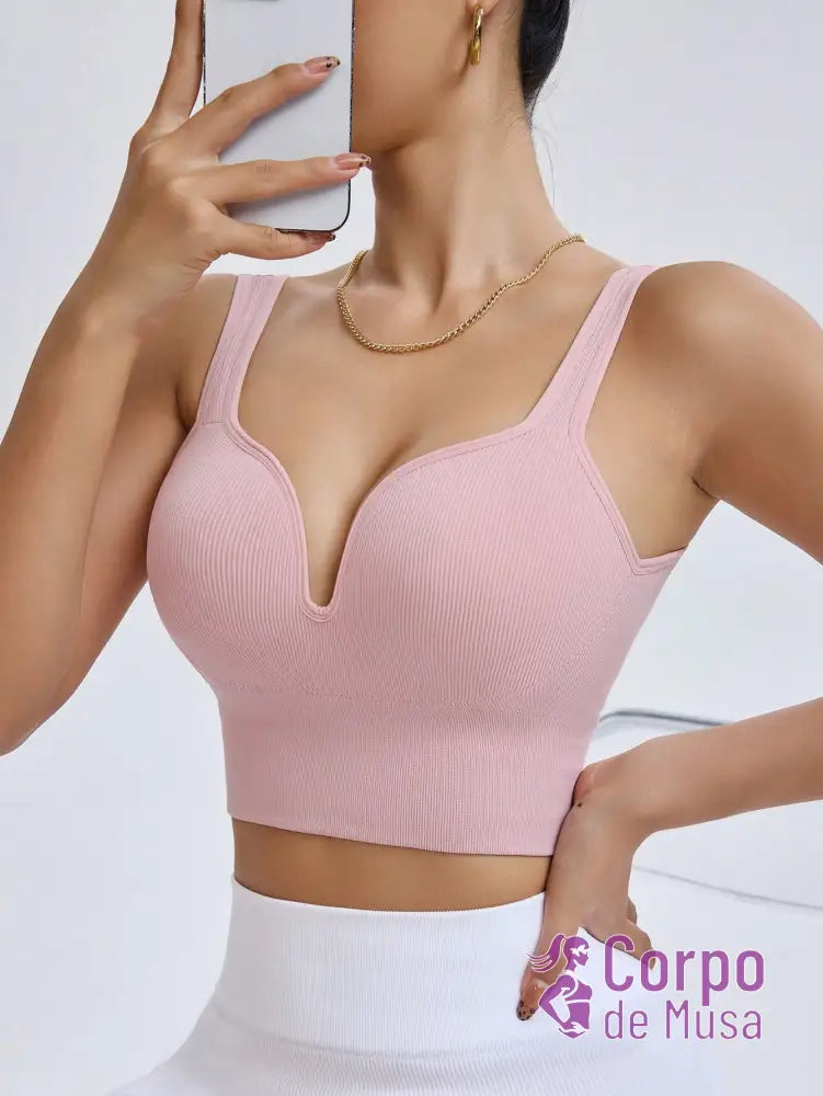 Top Canelado Decote Profundo Alta Sustentação Estilo Training Top Canelado Decote Profundo Alta Sustentação Estilo