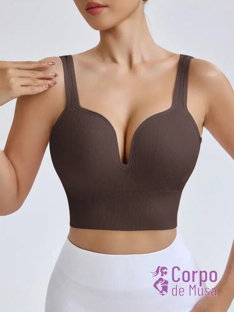 Top Canelado Decote Profundo Alta Sustentação Estilo Training Café / PP Top Canelado Decote Profundo Alta Sustentação