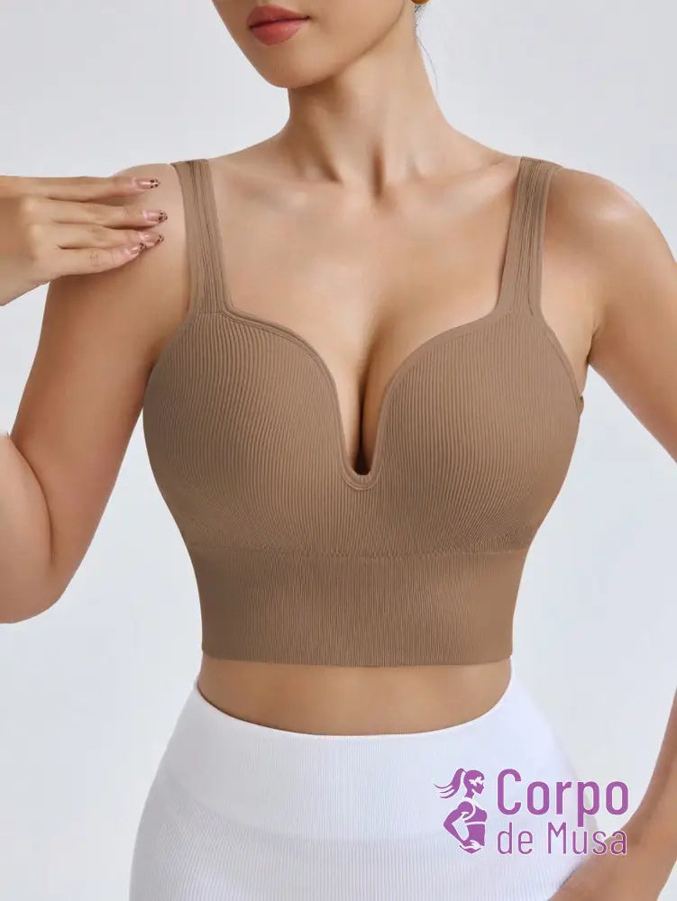 Top Canelado Decote Profundo Alta Sustentação Estilo Training Caramelo / PP Top Canelado Decote Profundo Alta