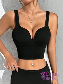Top Canelado Decote Profundo Alta Sustentação Estilo Training Preto / PP Top Canelado Decote Profundo Alta Sustentação