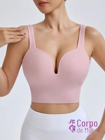 Top Canelado Decote Profundo Alta Sustentação Estilo Training Rosa Empoeirado / PP Top Canelado Decote Profundo Alta