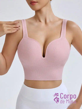 Top Canelado Decote Profundo Alta Sustentação Estilo Training Rosa Empoeirado / PP Top Canelado Decote Profundo Alta