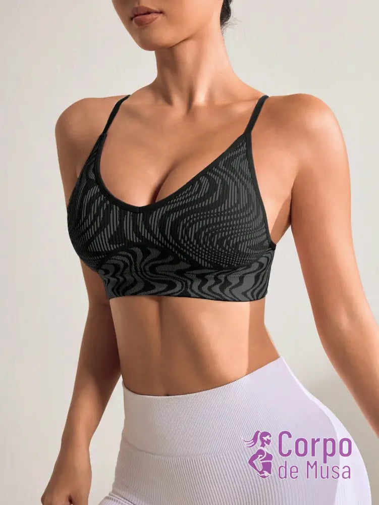 Top Fitness Estampado Sustentação Leve Alças Cruzadas Top Fitness Estampado Sustentação Leve Alças Cruzadas