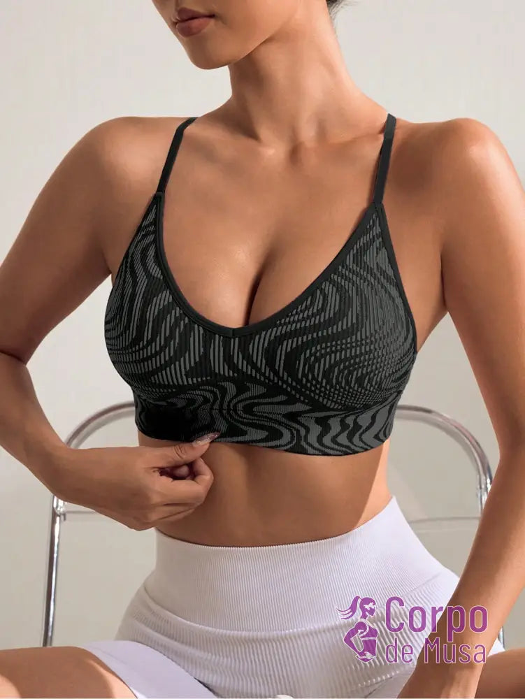 Top Fitness Estampado Sustentação Leve Alças Cruzadas Top Fitness Estampado Sustentação Leve Alças Cruzadas