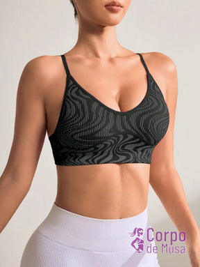 Top Fitness Estampado Sustentação Leve Alças Cruzadas Preto / PP Top Fitness Estampado Sustentação Leve Alças Cruzadas