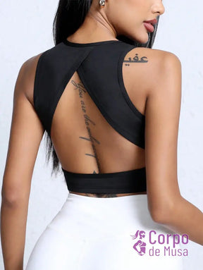 Top Fitness Gola Alta Com Costas Vazadas Preto / PP Top Fitness Gola Alta Com Costas Vazadas