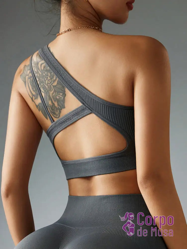 Top Um Ombro Só Canelado Com Costas Assimétricas Estilo Training Cinza / PP Top Um Ombro Só Canelado Com Costas