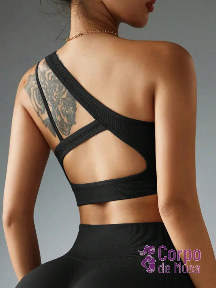 Top Um Ombro Só Canelado Com Costas Assimétricas Estilo Training Preto / PP Top Um Ombro Só Canelado Com Costas